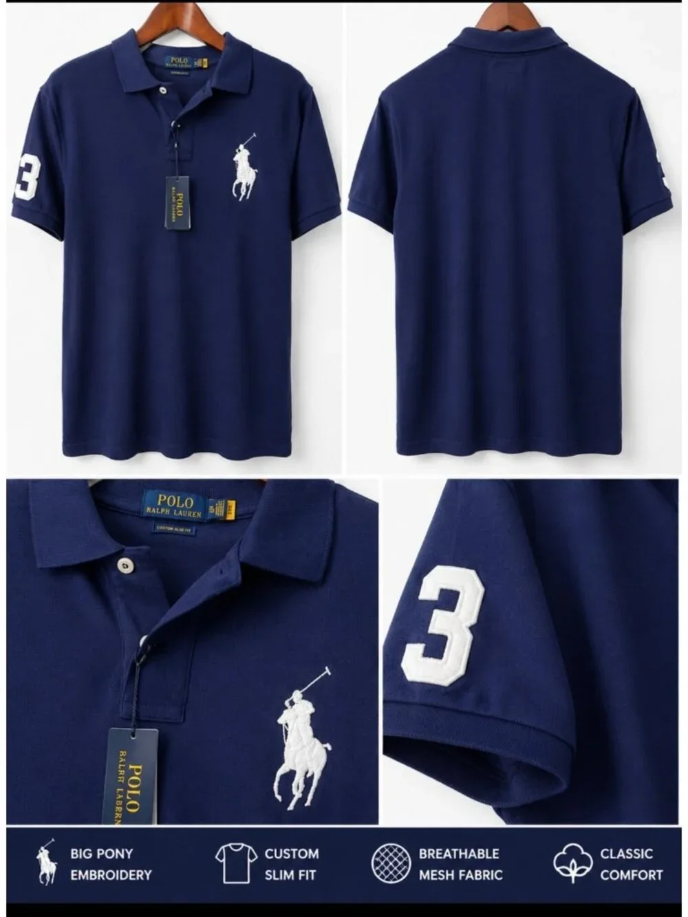 Polo Ralph Lauren Big Pony Polo Shirt Mens XXL Custom Slim Fit Navy Blue NWT
